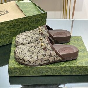 Gucci Beige and Brown Slip-On Mules with Gold Detail